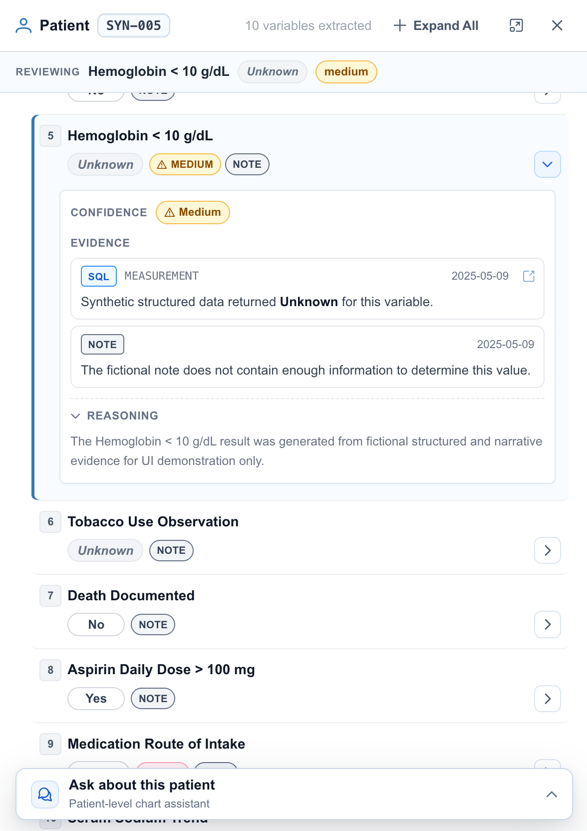 First revision of the Echo patient panel, with clearer variable rows but repeated answer, confidence, and source status across the reviewing bar, row, and expanded detail