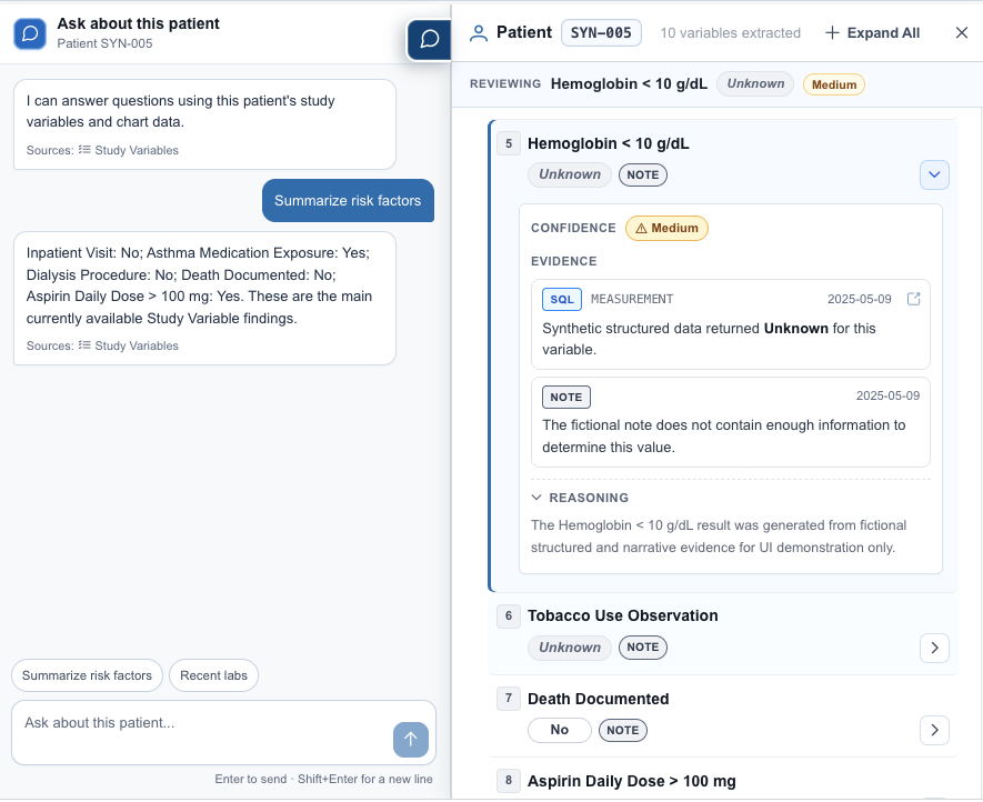 Final Echo patient review with a resizable chat companion beside a fixed patient evidence panel and reduced row-level status repetition