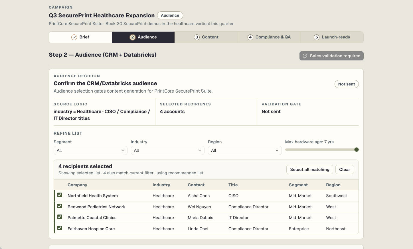 Audience selection and sales validation gate showing the refined account list and sales approval status