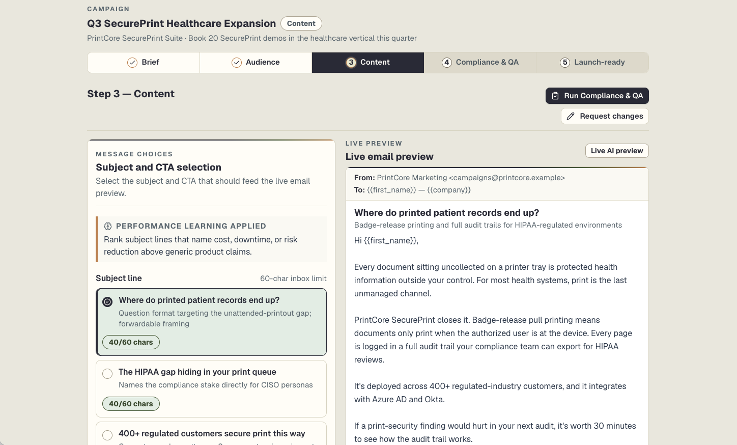 Content stage showing subject line and CTA options alongside a live email preview